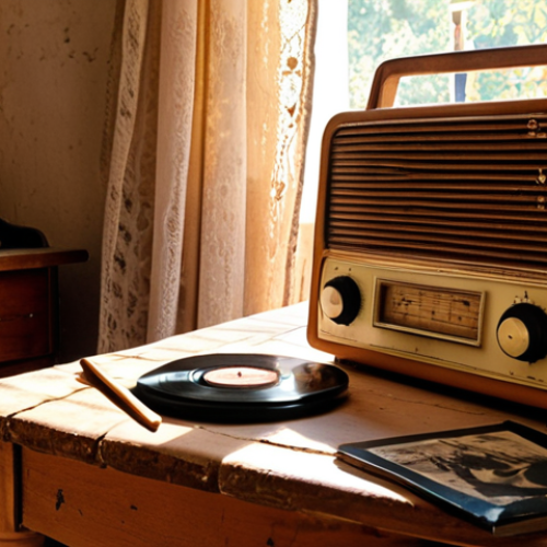 Home 4 **
A warmly lit vintage radio, softly glowing in a cozy, slightly cluttered living room. Sunlight streams through lace curtains. Dust motes dance in the light. On a nearby table, a half-finished cup of café au lait sits next to a well-worn vinyl record sleeve of The Carpenters. The overall feeling is comforting and nostalgic, like a Sunday afternoon in the French countryside.
**
