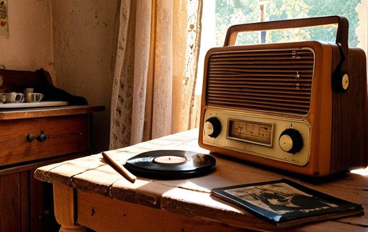 **
A warmly lit vintage radio, softly glowing in a cozy, slightly cluttered living room. Sunlight streams through lace curtains. Dust motes dance in the light. On a nearby table, a half-finished cup of café au lait sits next to a well-worn vinyl record sleeve of The Carpenters. The overall feeling is comforting and nostalgic, like a Sunday afternoon in the French countryside.
**