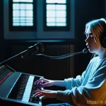 빌리 아일리시 Bad Guy 프로덕션 과정 - **Prompt:** "A moody, atmospheric shot inside a cozy, dimly lit bedroom acting as a home music studi...