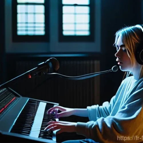 빌리 아일리시 Bad Guy 프로덕션 과정 - **Prompt:** "A moody, atmospheric shot inside a cozy, dimly lit bedroom acting as a home music studi...