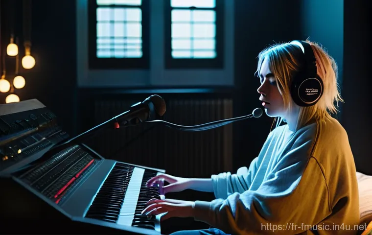 빌리 아일리시 Bad Guy 프로덕션 과정 - **Prompt:** "A moody, atmospheric shot inside a cozy, dimly lit bedroom acting as a home music studi...