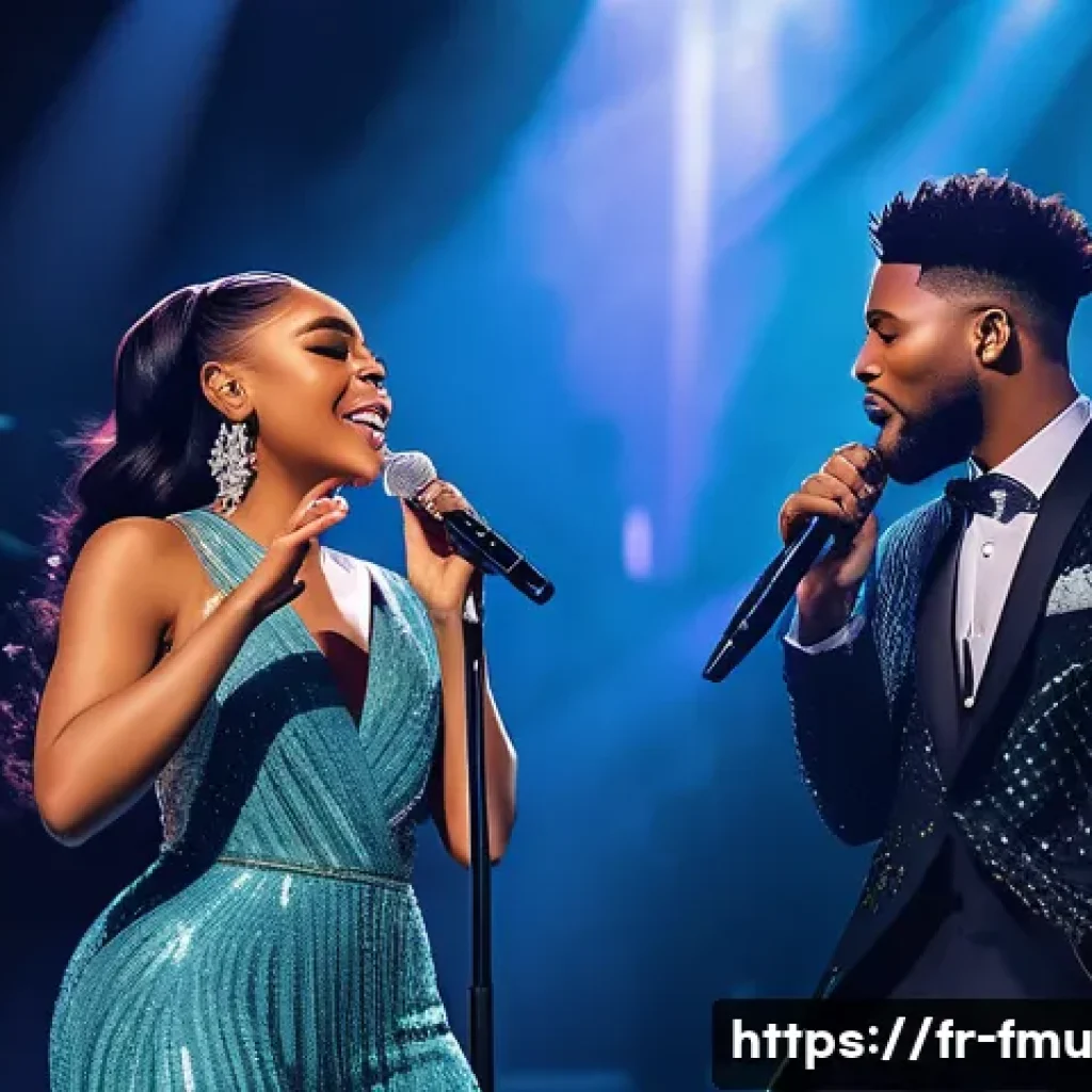 비욘세와 제이지의 콜라보 작업 분석 - A dynamic concert scene featuring two powerful vocalists on stage representing a harmonious fusion o...