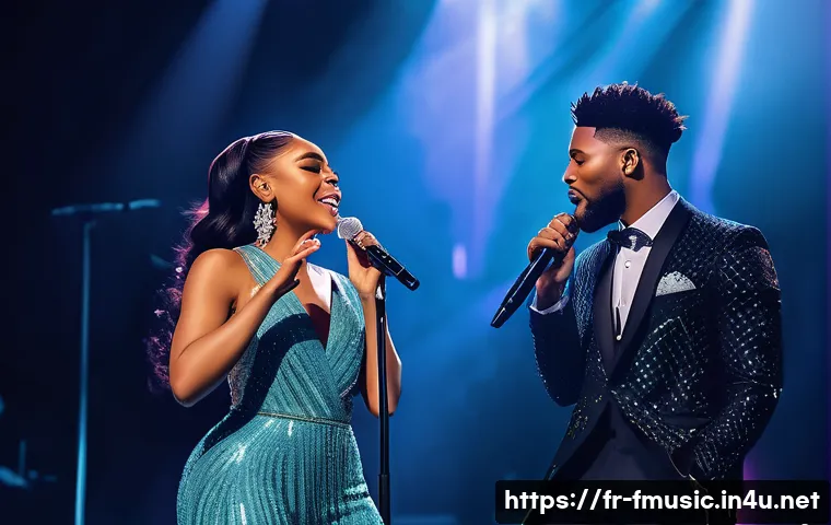 비욘세와 제이지의 콜라보 작업 분석 - A dynamic concert scene featuring two powerful vocalists on stage representing a harmonious fusion o...