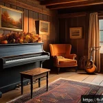 테일러 스위프트의 Folkore 앨범 작곡가들 - A cozy, intimate scene of a vintage rustic cabin interior during autumn evening, with a warm firepla...