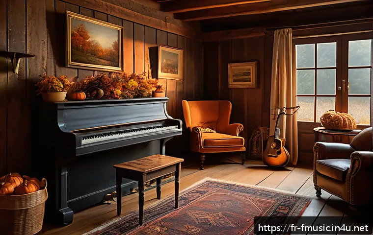 테일러 스위프트의 Folkore 앨범 작곡가들 - A cozy, intimate scene of a vintage rustic cabin interior during autumn evening, with a warm firepla...