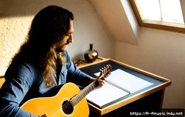 레드 제플린 Stairway to Heaven 작곡 과정 - Photorealistic 1970s-inspired songwriting scene in a quiet Paris attic studio, a long-haired rock gu...