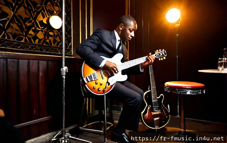 록 음악의 히스토리와 블루스 영향 - Photorealistic 1950s-inspired French blues club interior, a Black guitarist in a sharp suit playing ...